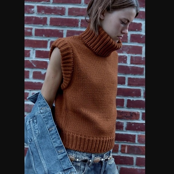 ZARA Plain Knit Roll Neck Sleeveless Sweater Vest Caramel Brown M - Picture 5 of 16
